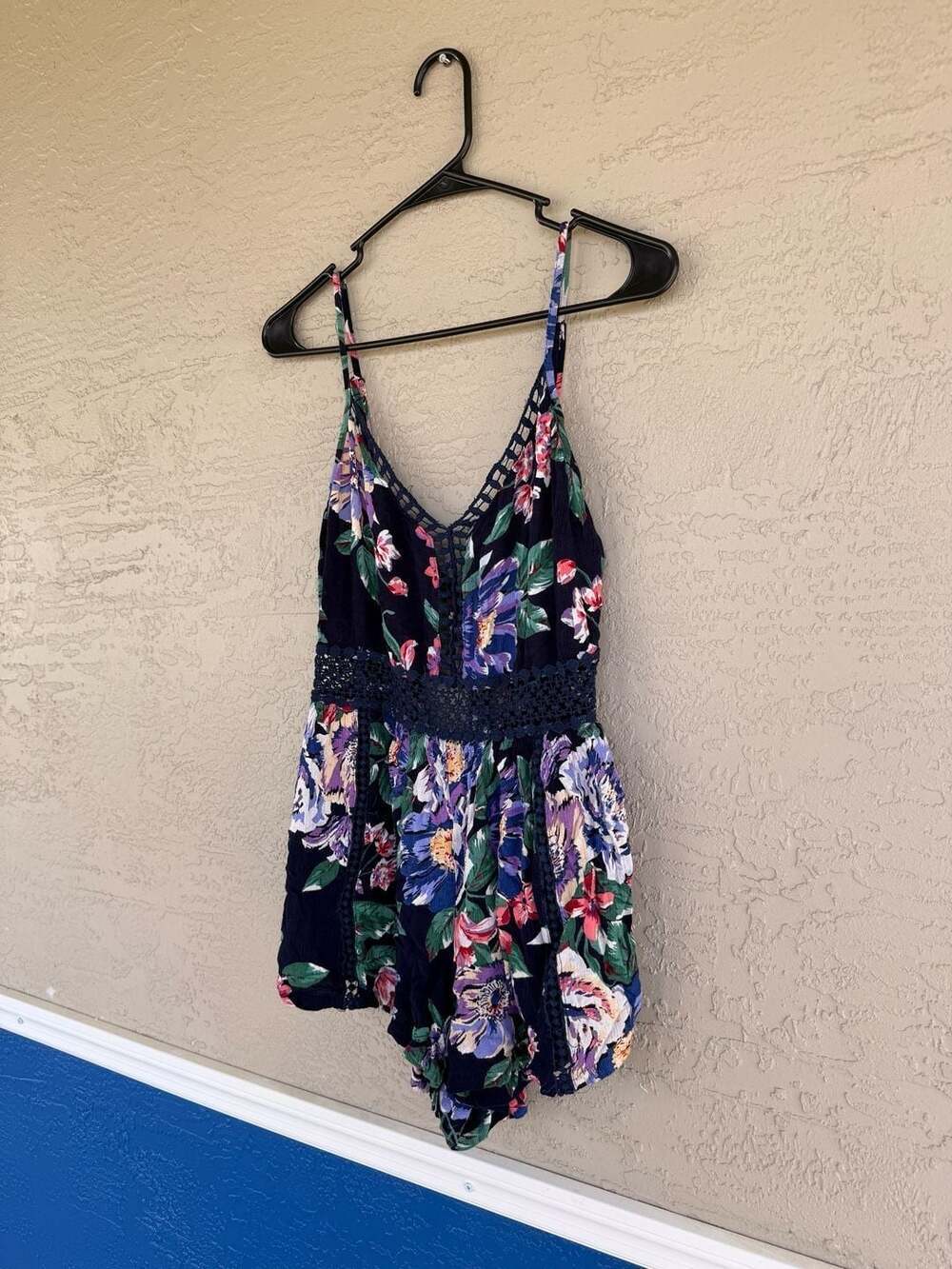 Willow & Root Floral Crochet Lace Romper, Navy Blue Boho Summer Bodysuit, Size S - Picture 2 of 4